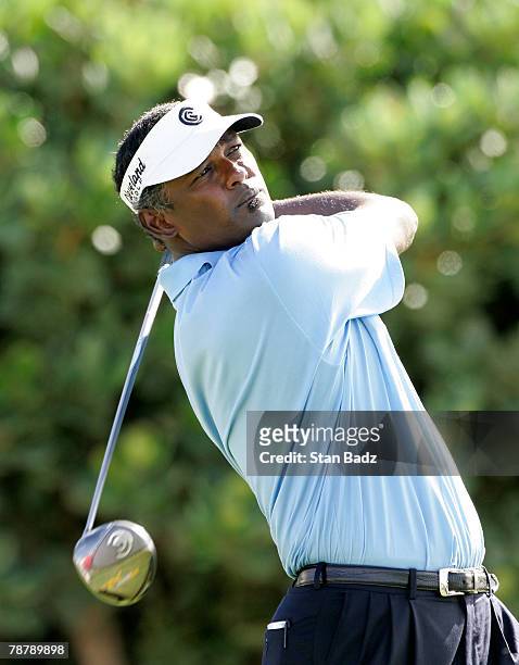 Vijay Singh hits drive during the third round of the Mercedes-Benz Championship at the Plantation Course at Kapalua on January 5, 2008 in Kapalua,...
