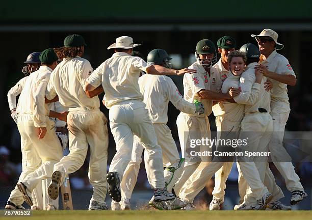 Michael Clarke of Australia celebrates taking the wicket of RP Singh of India for lbw during day of the Second Test match between Australia and India...