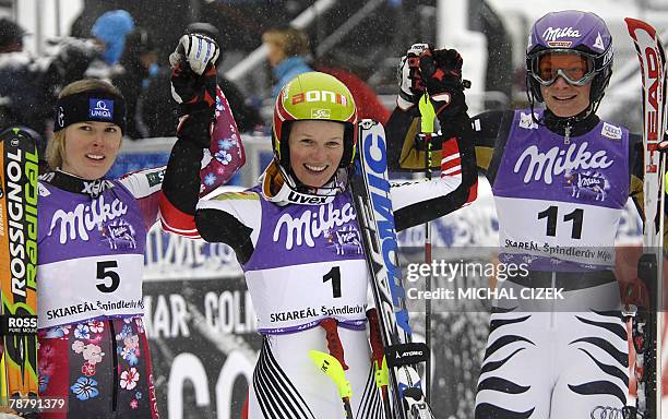 Slovakia's Veronika Zuzulova, Austria's Marlies Schild and Germany's Maria Riesch pose for photographers during the women's slalom of FIS World cup...