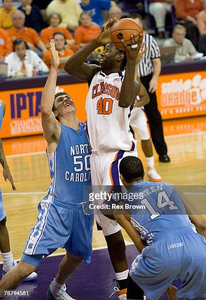 James Mays of the Clemson Tigers goes up over Tyler Hansbrough of the North Carolina Tar Heels for this second half shot at Littlejohn Coliseum...