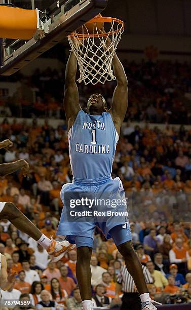 Marcus Ginyard of the North Carolina Tar Heels goes up for this dunk in the first half against the Clemson Tigers at Littlejohn Coliseum January 6,...