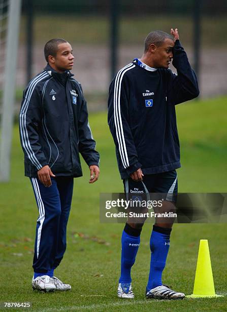 Vadis Odjidja-Ofoe and Vincent Kompany during the Hamburger SV training session at the HSH Nordbank Arena on January 07, 2008 in Hamburg, Germany.