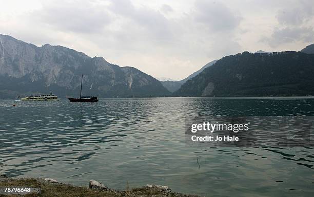 General view of a Fishing Boat and Pleasure Boat on Lake Attersee, Unterach am Attersee,Salzkammergut,July 29,2006 in Upper Austria.