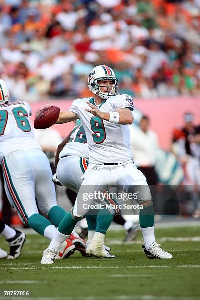 Quarterback John Beck of the Miami Dolphinsr drops back against the Cincinnati Bengals December 30, 2007 at Dolphin Stadium in Miami, Florida. The...