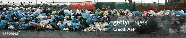 Picture of mountains of uncollected trash near a condemned dump in the western Naples suburb of Pianura that authorities are trying to reopen, 07...