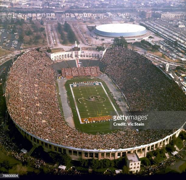 Aerial view of the Los Angeles Coliseum during a 14-7 Miami Dolphins win over the Washington Redskins in Super Bowl VII on January 14, 1973.