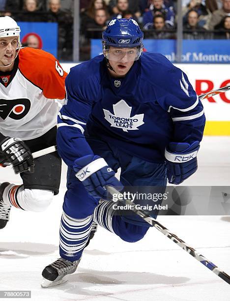 Jiri Tlusty of the Toronto Maple Leafs skates up ice during the game against the Philadelphia Flyers January 5, 2008 at the Air Canada Centre in...