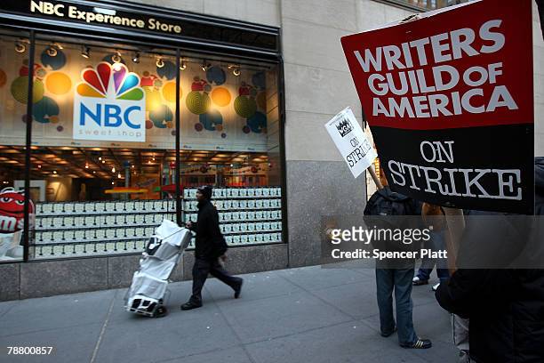 Small number of striking writers showed-up to picket in front of NBC studios January 7, 2008 in New York City. The ongoing strike is threatening both...