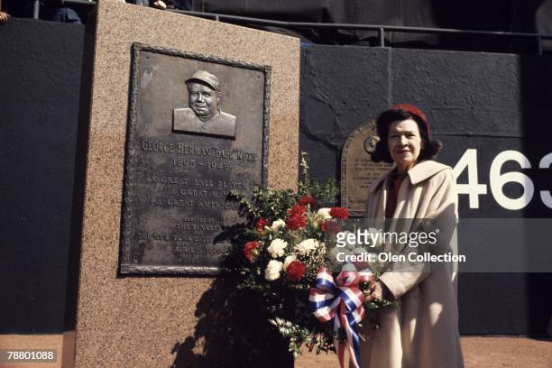 Mrs. Babe Ruth stands next to the monument to her late husband during the 50th Anniversary of Yankee Stadium ceremonies on April 15, 1973 in New...