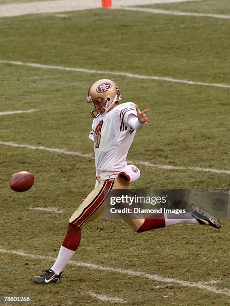 Punter Andy Lee of the San Francisco 49ers punts during a game with the Cleveland Browns on December 30, 2007 at Cleveland Browns Stadium in...