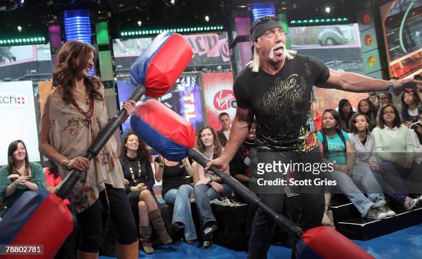 Personality Hulk Hogan appears on stage with host Lyndsey Rodrigues during MTV's Total Request Live at the MTV Times Square Studios January 7, 2008...