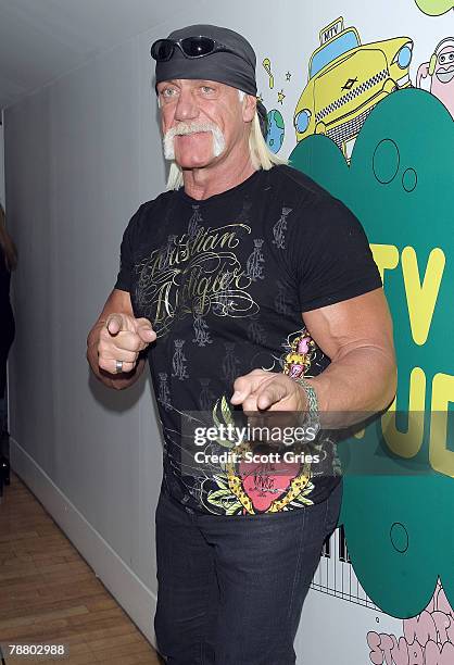 Personality Hulk Hogan poses for a photo backstage during MTV's Total Request Live at the MTV Times Square Studios January 7, 2008 in New York City.
