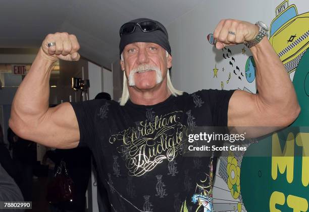 Personality Hulk Hogan poses for a photo backstage during MTV's Total Request Live at the MTV Times Square Studios January 7, 2008 in New York City.