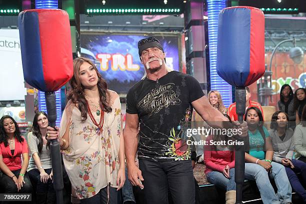 Personality Hulk Hogan appears onstage with host Lyndsey Rodrigues during MTV's Total Request Live at the MTV Times Square Studios January 7, 2008 in...