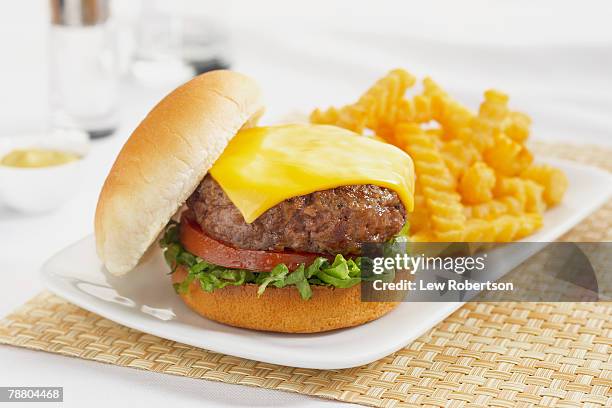 cheeseburger with crinkle-cut fries - crinkle cut fries stock pictures, royalty-free photos & images