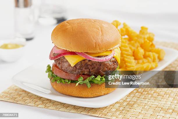 cheeseburger with crinkle-cut fries - crinkle cut fries stock pictures, royalty-free photos & images