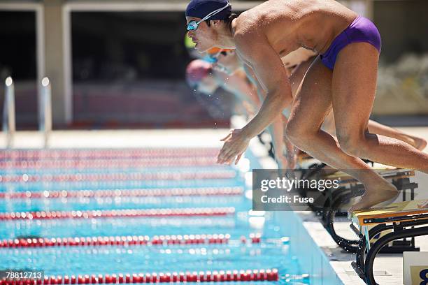 swimmers diving in pool - swimming tournament stock-fotos und bilder