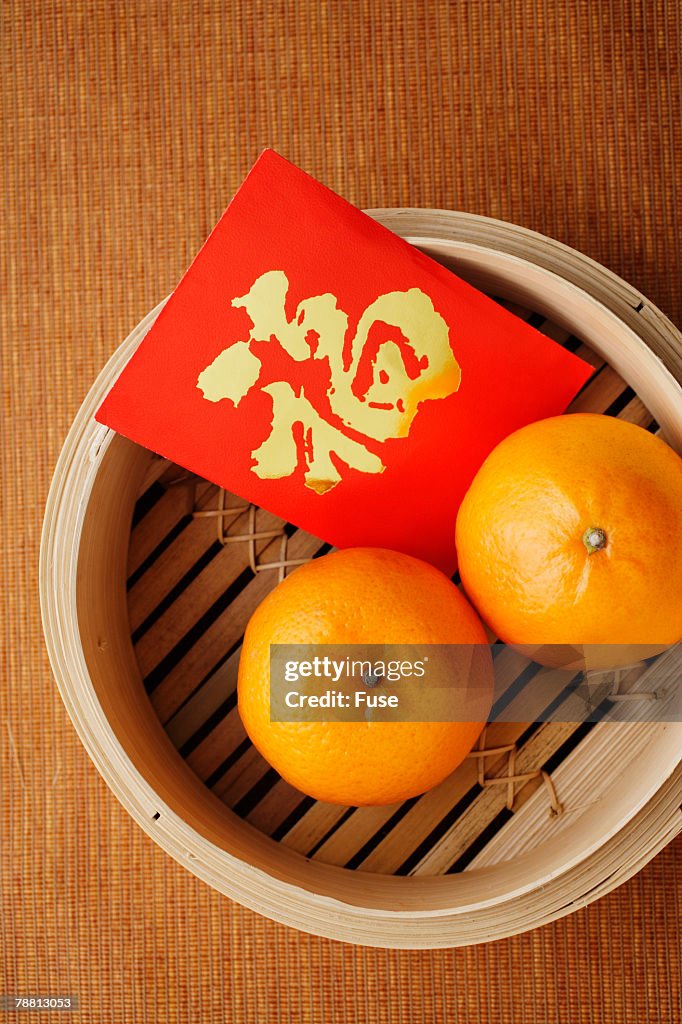 Basket with Oranges and Greeting Cards