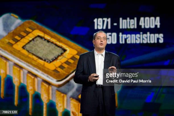 Paul Otellini, Intel president and CEO, delivers a keynote address at the 2008 International Consumer Electronics Show at the Venetian January 7,...