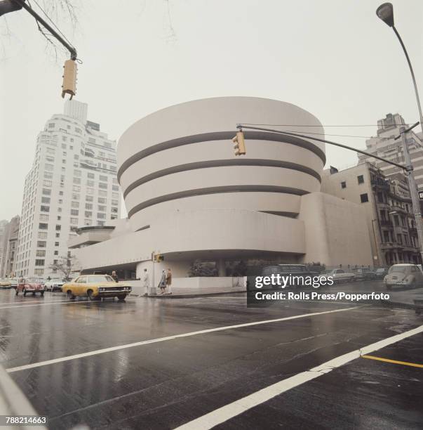 March 1970 exterior view of the Solomon R Guggenheim Museum building, designed by architect Frank Lloyd Wright and located on the corner of 5th...