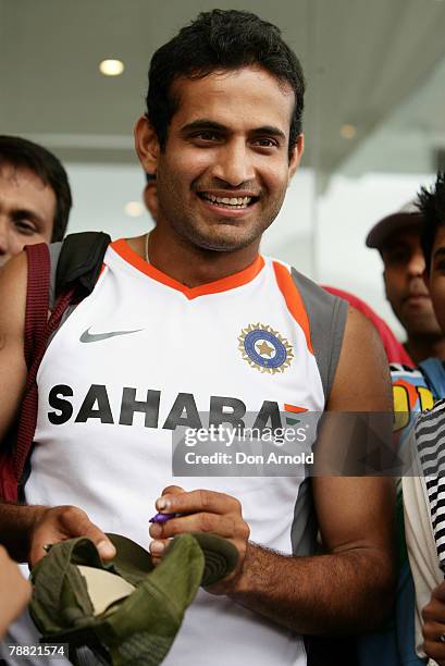 Mahendra Singh Dhoni of India signs autographs outside Nick's Seafood Restaurant as the Indian Cricket team visit Bondi Beach on January 8, 2008 in...