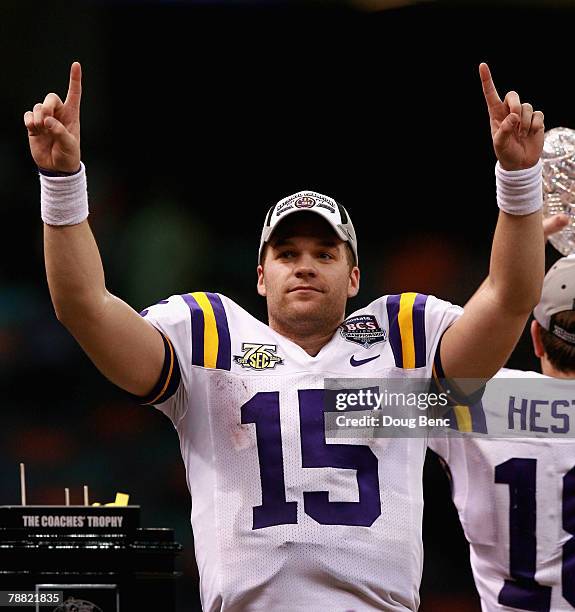 Quarterback Matt Flynn of the Louisiana State University Tigers celebrates after defeating the Ohio State Buckeyes 38-24 in the AllState BCS National...