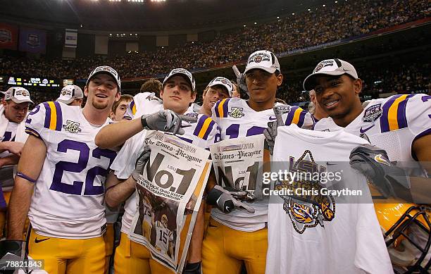 The Louisiana State University Tigers celebrate defeating the Ohio State Buckeyes 38-24 in the AllState BCS National Championship on January 7, 2008...