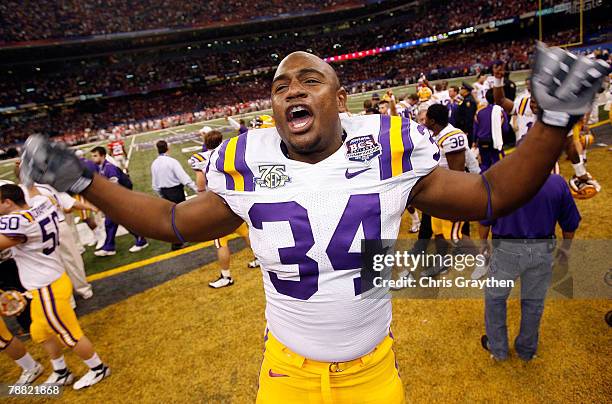 Stevan Ridley of the Louisiana State University Tigers celebrates after defeating the Ohio State Buckeyes 38-24 in the AllState BCS National...