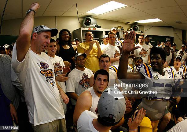 Defensive coordinator Bo Pelini of the Louisiana State University Tigers celebrates defeating the Ohio State Buckeyes 38-24 in the AllState BCS...