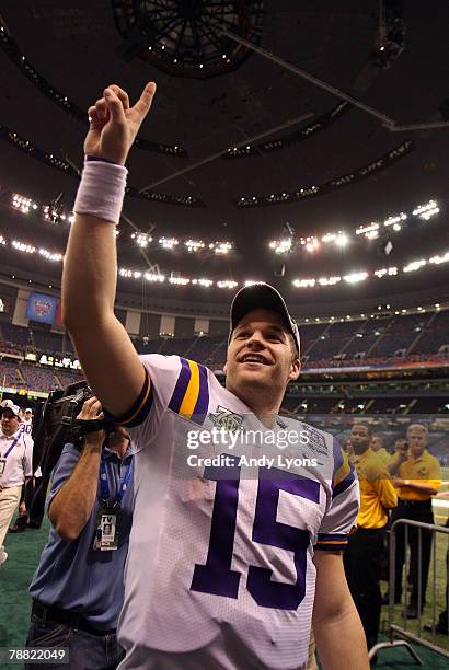 Quarterback Matt Flynn of the Louisiana State University Tigers celebrates as he walks off the field after defeating the Ohio State Buckeyes 38-24 in...