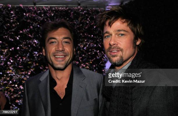 Actors Brad Pitt and Javier Bardem pose inside at the 13th ANNUAL CRITICS' CHOICE AWARDS at the Santa Monica Civic Auditorium on January 7, 2008 in...