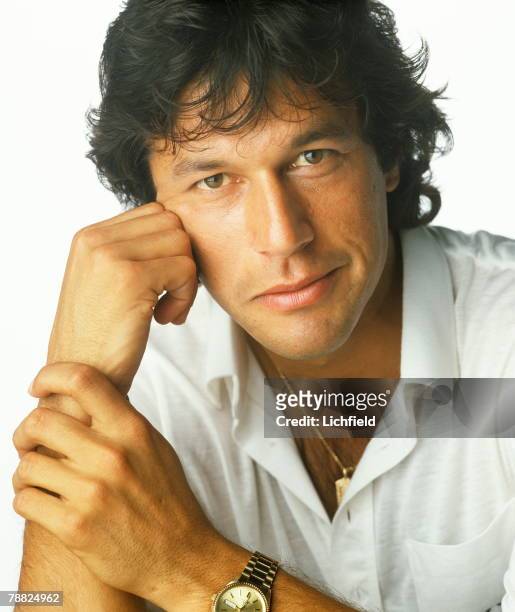 Pakistani cricketer and politician Imran Khan photographed in the Studio on 11th August 1982. .