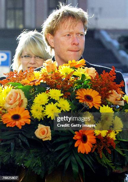 Former ski jumper Dieter Thoma and Mandana Daub attend the funeral of former national ski jumping head coach Reinhard Hess on January 8, 2008 in...