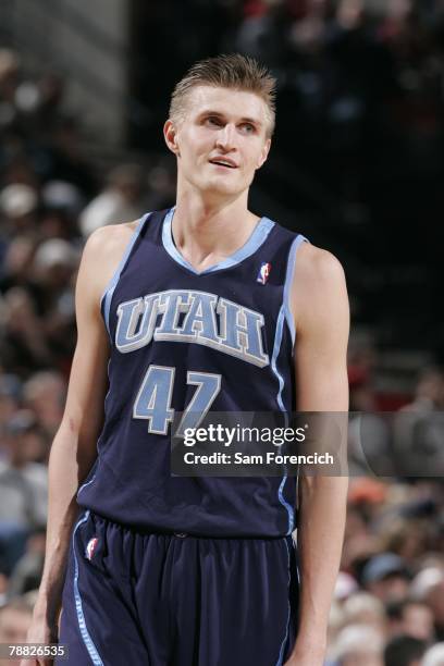 Andrei Kirilenko of Utah Jazz looks on during the basketball game against the Portland Trail Blazers at the Rose Garden on December 14, 2007 in...