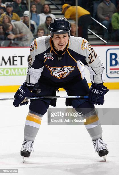 Jordin Tootoo of the Nashville Predators skates against the Minnesota Wild on January 05, 2008 at the Sommet Center in Nashville, Tennessee.