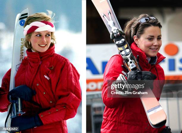 In this photo composite image a comparison has been made between, Left; KLOSTERS, SWITZERLAND Princess Diana On A Ski-ing Holiday. The Princess Is...