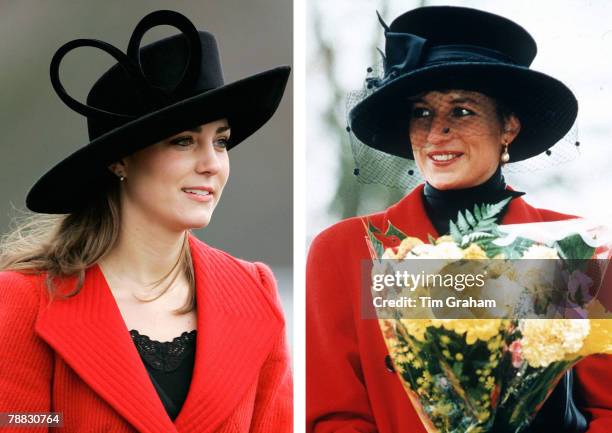 In this photo composite image a comparison has been made between, Left; SURREY, ENGLAND Kate Middleton, Prince William's girlfriend, attends the...