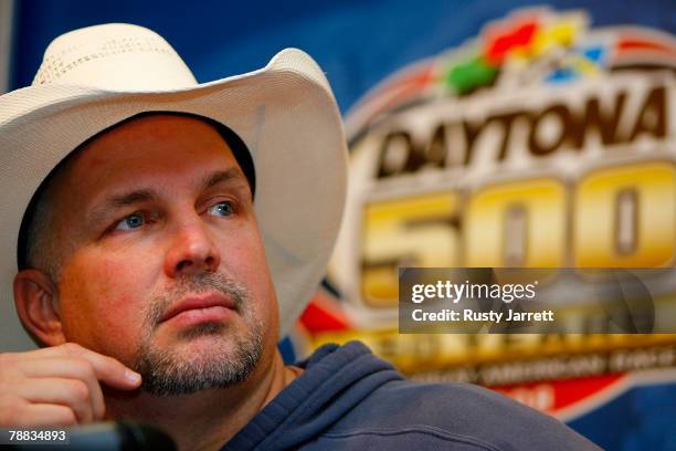 Country superstar Garth Brooks speaks to the media about NASCAR Day 2008 during NASCAR testing at Daytona International Speedway on January 8, 2008...