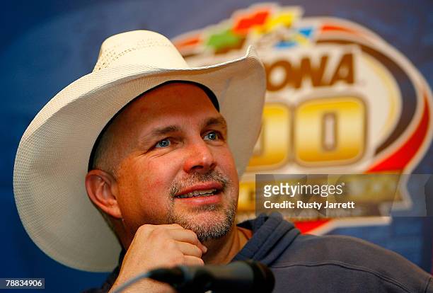 Country superstar Garth Brooks speaks to the media about NASCAR Day 2008 during NASCAR testing at Daytona International Speedway on January 8, 2008...
