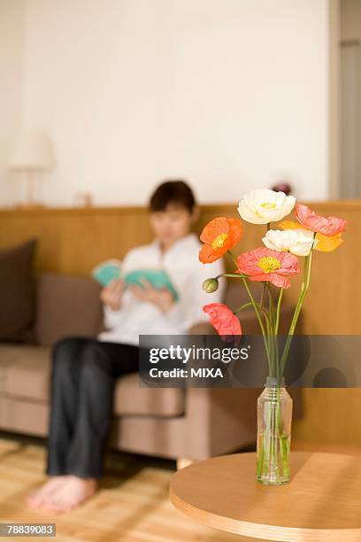 young woman reading book sitting on sofa - poppies in vase stock pictures, royalty-free photos & images