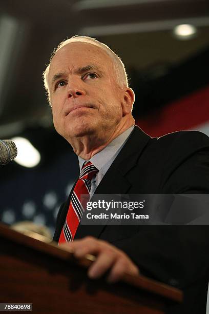 Republican presidential candidate and Sen. John McCain speaks at the Nashua Crowne Plaza January 8, 2008 in Nashua, New Hampshire. McCain won the New...