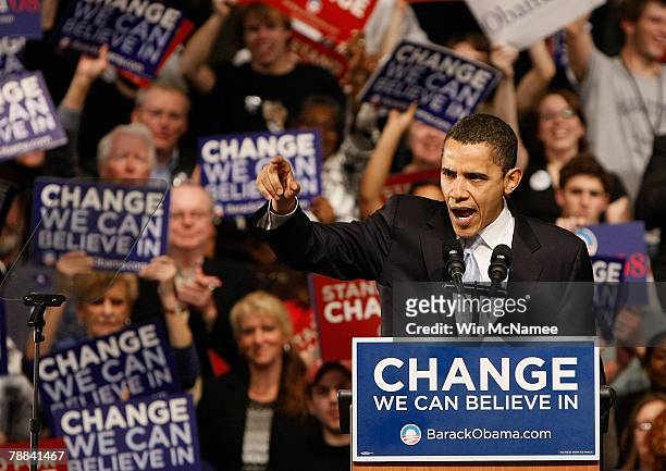 Democratic presidential hopeful Sen. Barack Obama addresses a primary night rally in the gymnasium at the Nashua South High School on January 8, 2008...