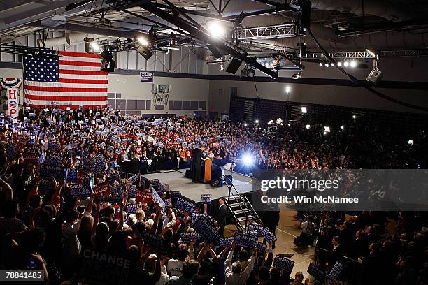 Democratic presidential hopeful Sen. Barack Obama addresses a primary night rally in the gymnasium at the Nashua South High School on January 8, 2008...