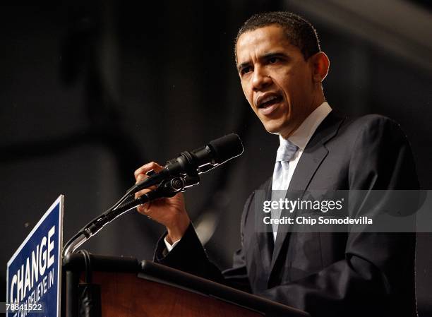 Democratic presidential hopeful Sen. Barack Obama addresses a primary night rally in the gymnasium at the Nashua South High School on January 8, 2008...