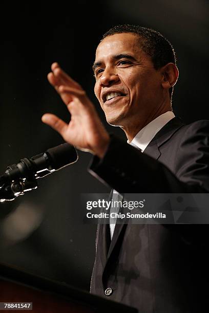 Democratic presidential hopeful Sen. Barack Obama addresses a primary night rally in the gymnasium at the Nashua South High School on January 8, 2008...