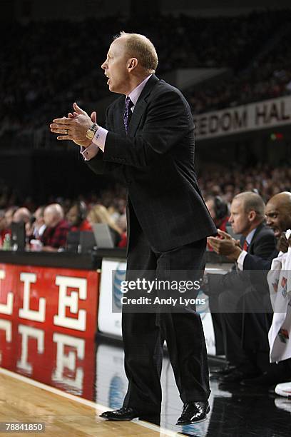 Head coach Mick Cronin of the Cincinnati Bearcats yells from the sidelines during the college basketball game against the Louisville Cardinals at...