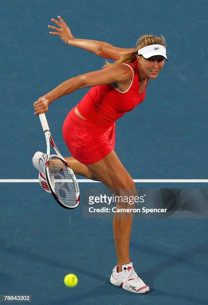 Nicole Vadisova of the Czech Republic plays a backhand during her women's singles match against Jelena Jankovic of Serbia during day four of the...