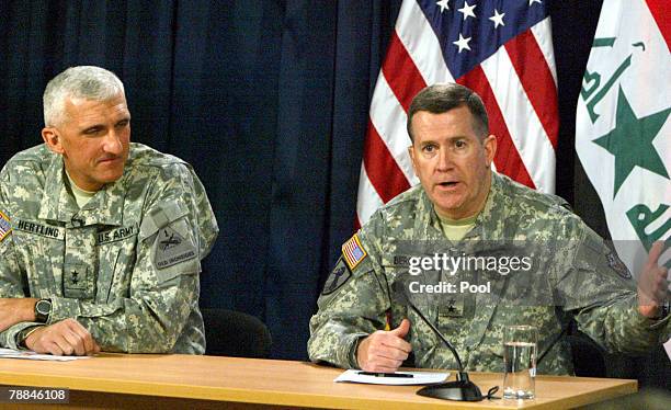 Major Gen. Michael Haerlting and US military spokesman Major Gen. Kevin Bergner speak during a press conference on January 9, 2008 in Baghdad, Iraq.