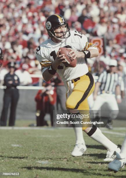 Terry Bradshaw, Quarterback for the Pittsburgh Steelers during the National Football Conference West game against the Atlanta Falcons on 15 November...