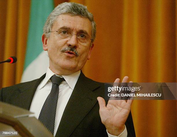 Italian Foreign Minister Massimo D'Alema gestures during a press conference with his his Romanian counterpart Adrian Cioroianu at the Romanian...